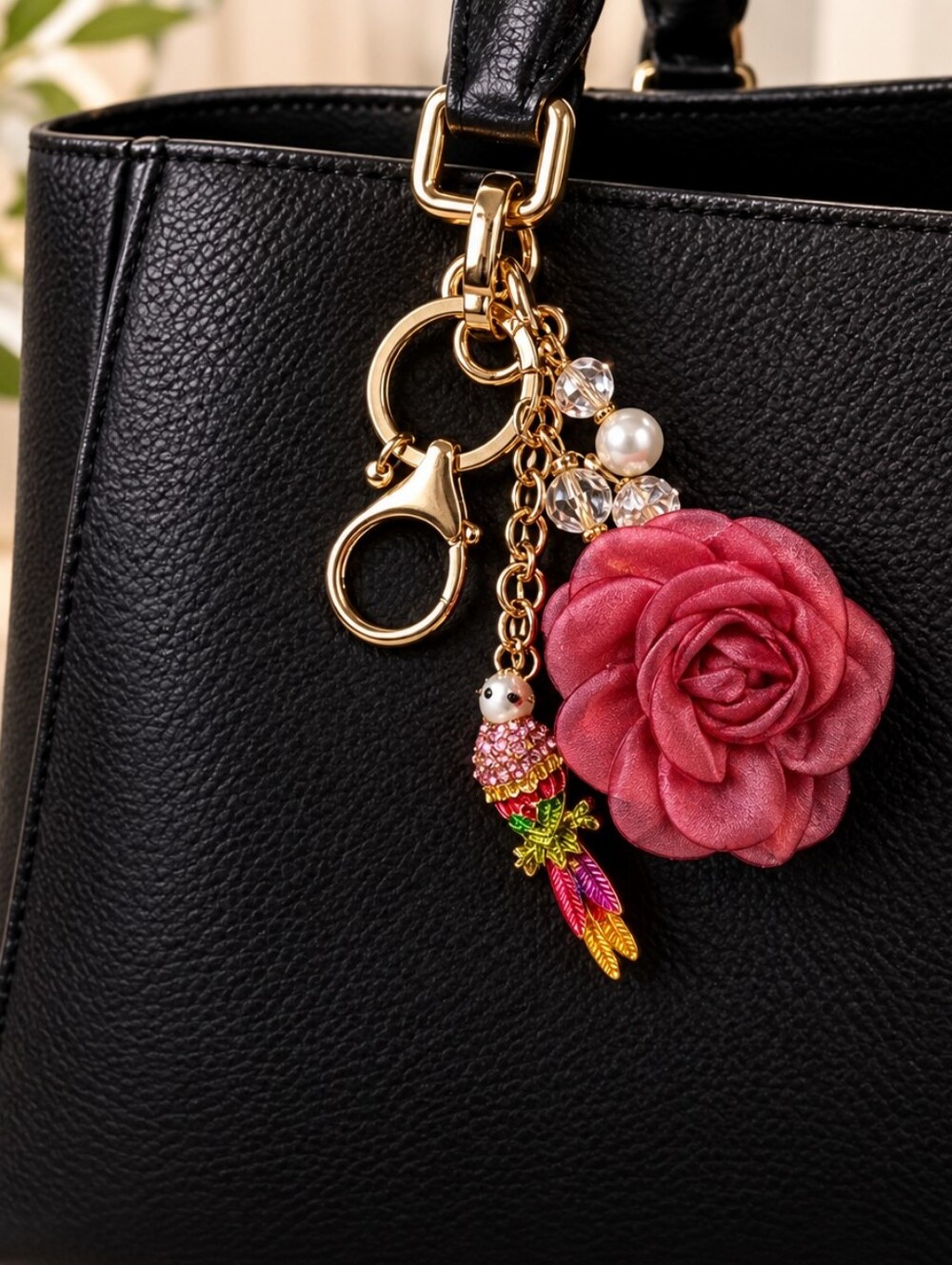 Mint pink rose and parrot keyring with gold hardware